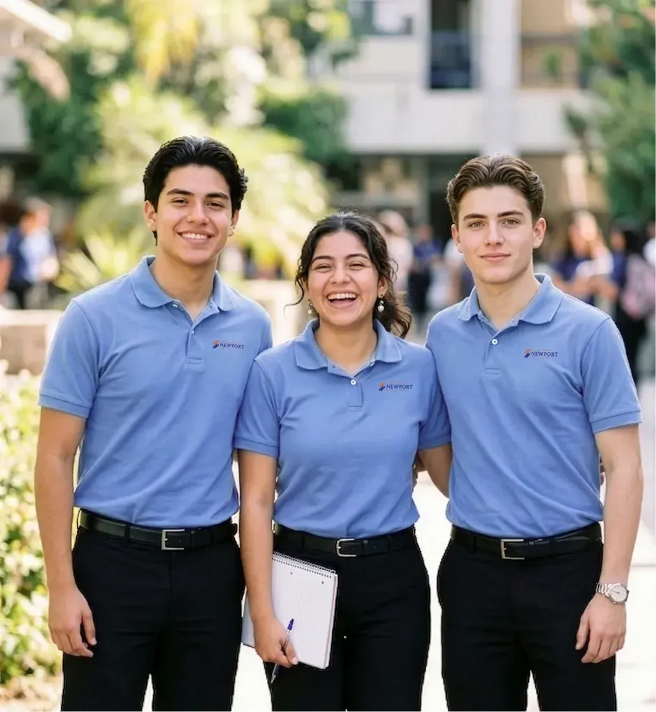 Tres jóvenes con polos azules con logo de New Port High School, sonrientes, posando afuera con edificio y árboles al fondo