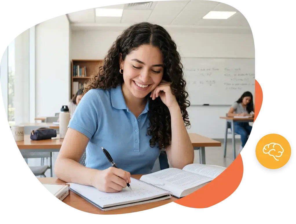 Estudiantes en un aula escribiendo y estudiando en sus escritorios con libros y cuadernos.