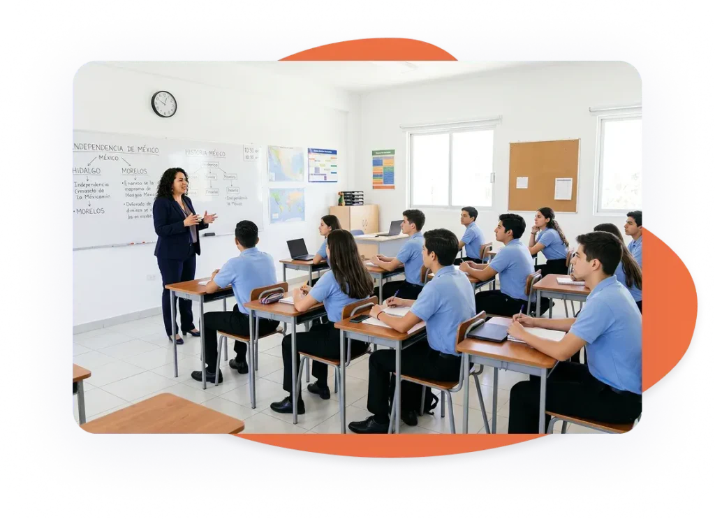 Profesor impartiendo una clase a estudiantes sentados en escritorios, tomando notas en un aula con pizarrón, laptop y mapas visibles.