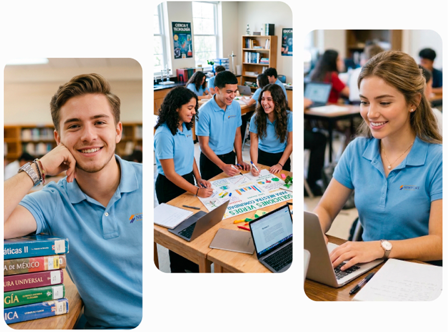 Estudiantes usando laptops y libros mientras estudian y colaboran en un salón con mesas y sillas